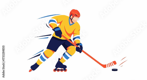 Dynamic roller hockey player in vibrant uniform skates fast with stick and puck, capturing athletic energy and sporty action