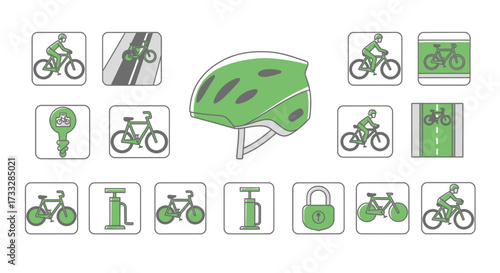 Green Bicycle Helmet and Cycling Related Icons.