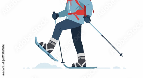 Adventurous hiker traverses snowy wilderness using snowshoes and poles for winter exploration and outdoor activity