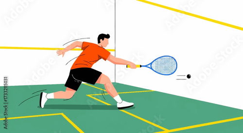 Dynamic squash player powerfully swings racket hitting ball during intense indoor court match action