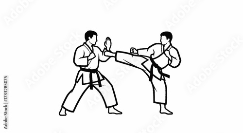 Dynamic martial artists clash in intense karate battle with powerful kicks and defensive stances, showcasing discipline and skill.