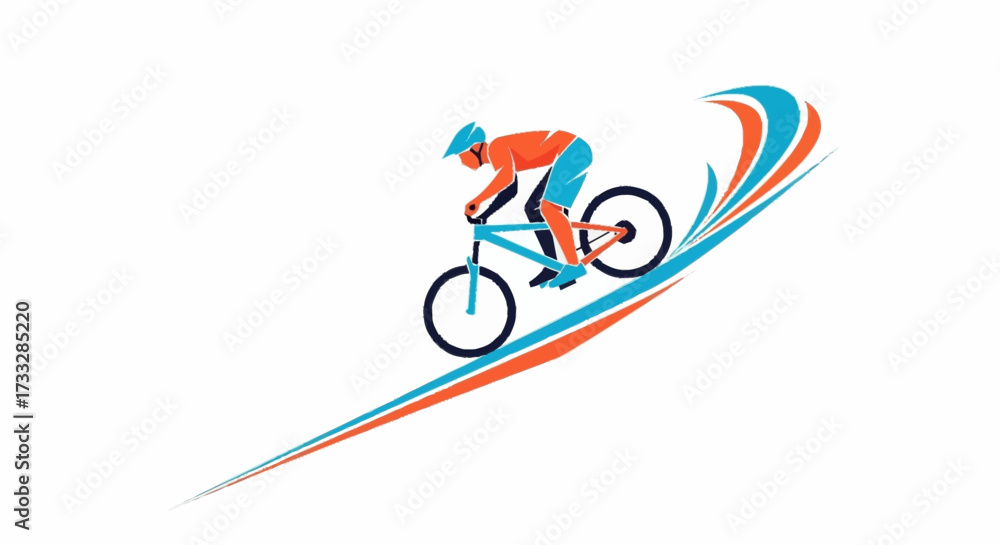 Fototapeta premium Dynamic cyclist in motion captures the thrill of downhill biking with vibrant abstract lines symbolizing speed and adventure