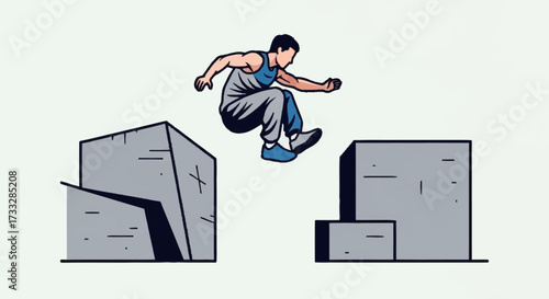 Dynamic parkour athlete leaping between modern urban structures, showcasing agility and urban exploration.