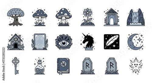 Hand Drawn Mystical and Magical Fantasy Icon Set.