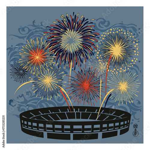 Colorful fireworks explode above a stadium, celebrating a festive event with vibrant displays.