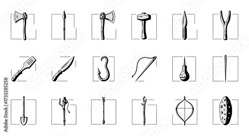 Hand Drawn Sketch Collection of Ancient Primitive Weapons and Tools.