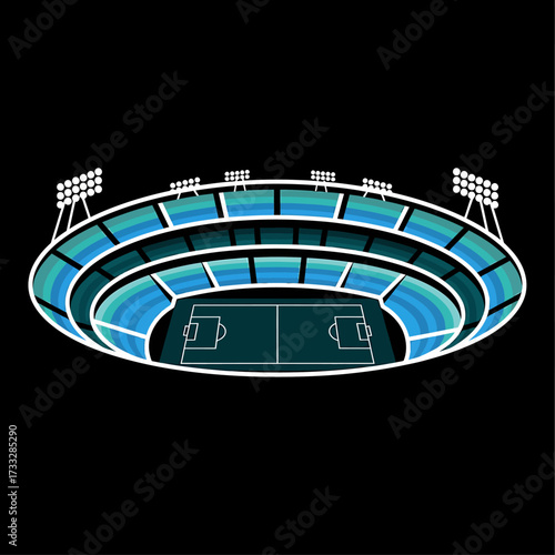 An overhead illustration of a stadium with a soccer field, floodlights, and seating.