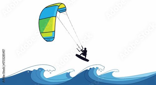 Dynamic kitesurfer soaring above vibrant ocean waves capturing adrenaline fueled adventure and freedom