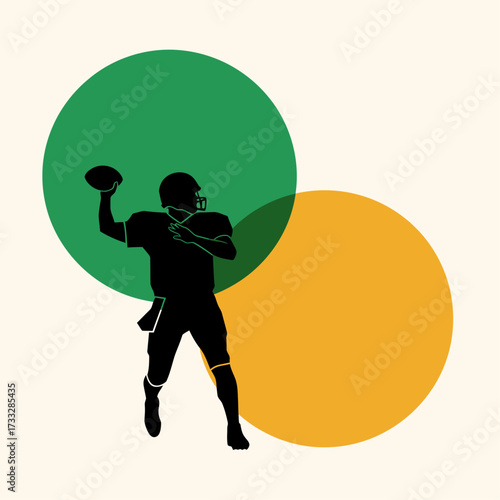 Silhouette of a football player throwing the ball, with colorful overlapping circles.