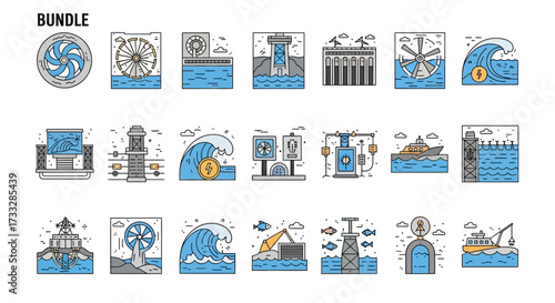 Hydroelectric Power and Ocean Energy Icon Set Bundle.