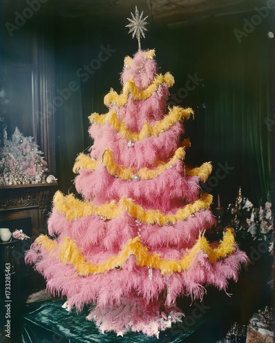 Pink feathery Christmas tree with yellow tinsel and star