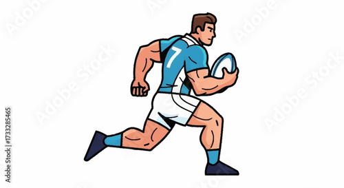 Dynamic rugby player with number seven jersey powerfully running with ball, capturing action and athleticism