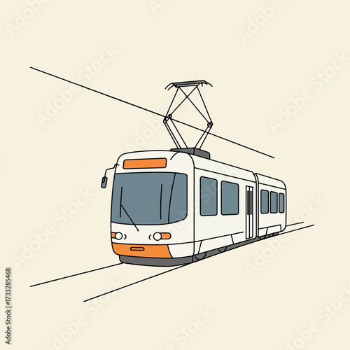 Modern electric tram car traveling on railway tracks in urban environment.