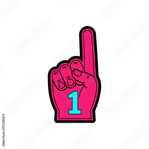 Pink foam hand with black outline and a blue number one on the palm, isolated on white.