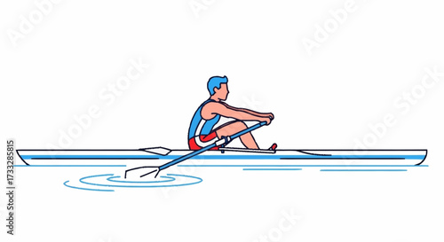 Determined athlete powerfully rowing a sleek scull across calm water showcasing strength and focus during a competitive sporting event