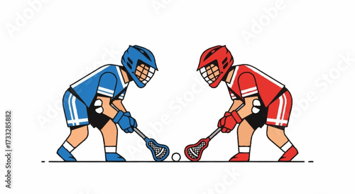 Dynamic lacrosse players in blue and red uniforms ready for intense competition and athletic action