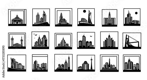 Set of black and white city skyline silhouette icons.