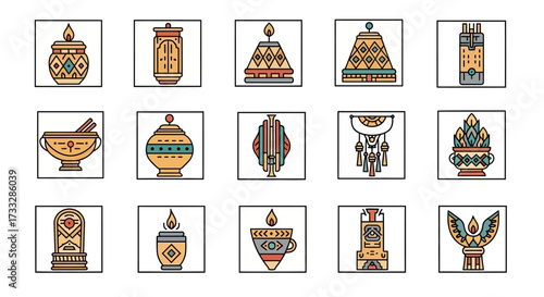 Set of Hand Drawn Indigenous Artifacts and Symbols Icons.