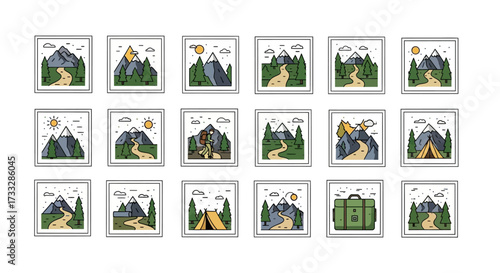 Set of Hand Drawn Illustrations Featuring Mountains Forests and Camping Scenes.