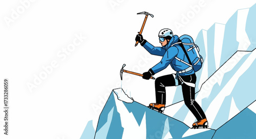 Determined mountaineer conquers icy summit with ice axes, showcasing resilience and extreme adventure.