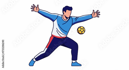 Dynamic goalkeeper in action, diving to save a vibrant yellow soccer ball with outstretched arms, conveying athletic prowess and determination.
