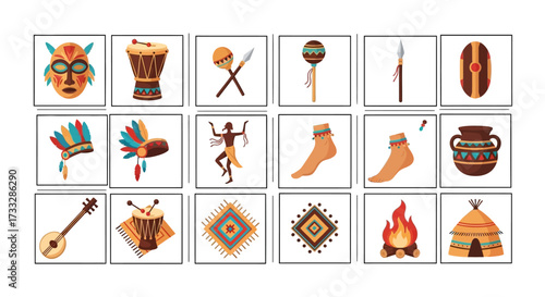 Set of various tribal and indigenous cultural elements and artifacts.