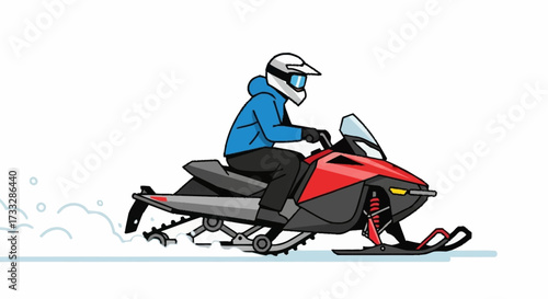 Dynamic rider powers red snowmobile across winter landscape, kicking up snow, embodying winter adventure and speed.