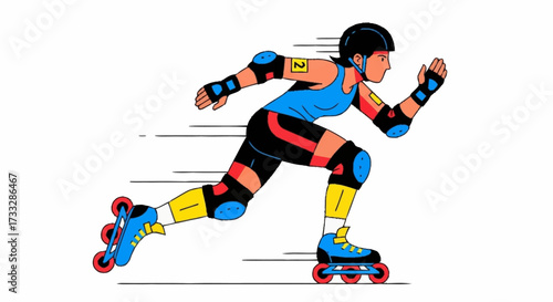 Dynamic female roller skater in protective gear speeding forward with motion lines, capturing active lifestyle and urban sport.