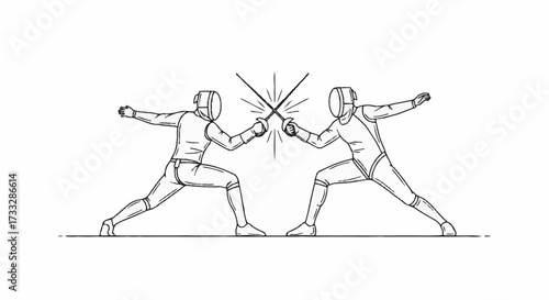 Two dynamic fencers clash swords in a fierce duel, sparks flying, showcasing intense athletic competition and strategic combat.