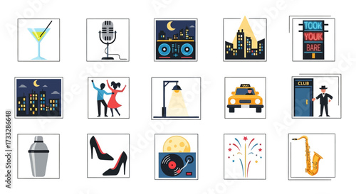 Vector Icon Set of City Nightlife and Party Elements.