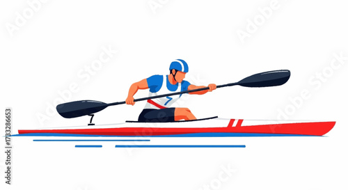 Dynamic athlete powerfully paddles kayak through water, showcasing athletic prowess and determination for sport and adventure themes.