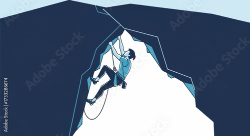 Determined climber scales challenging rock face, symbolizing ambition, perseverance, and reaching new heights of success