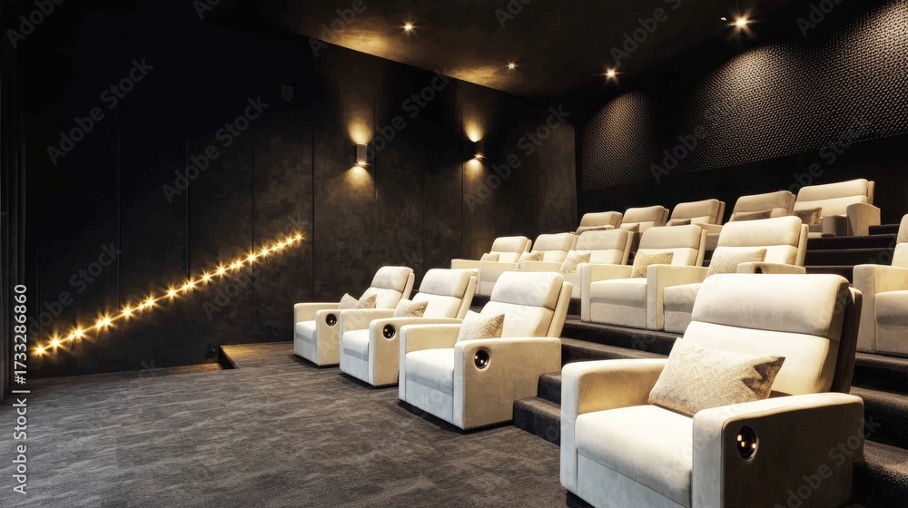 Fototapeta premium Dark luxury home theater with tiered seating, acoustic wall panels, and hidden LED strips, dramatic spotlighting, vertical copy space on the left, style advertising