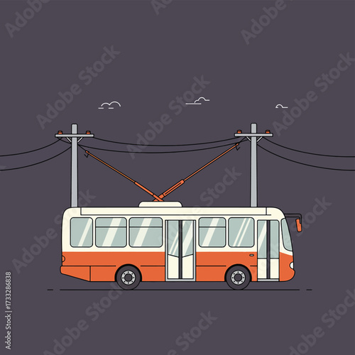 Vintage Orange and White Trolleybus Driving on City Street.