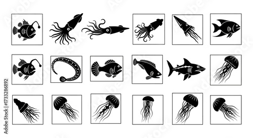 A diverse collection of deep sea animal silhouettes.