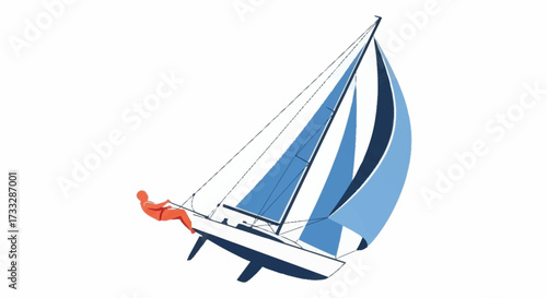 Dynamic sailor expertly maneuvering sailboat with blue sails catching the wind on a clear day
