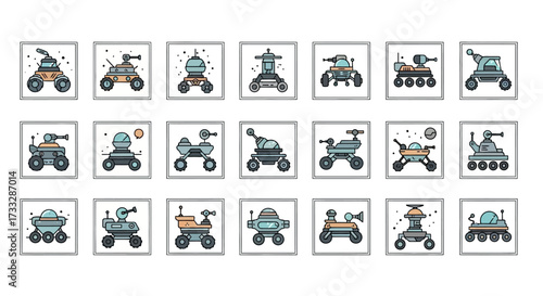 A diverse set of cartoon space rover vehicle illustrations for exploration.