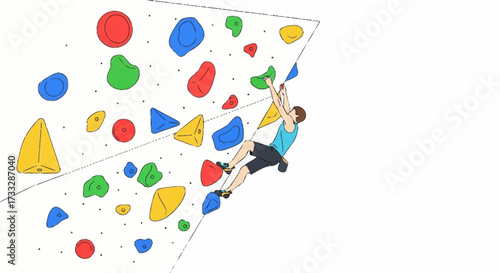Determined athlete conquers challenging climbing wall, reaching for victory with focus and strength in vibrant indoor gym setting