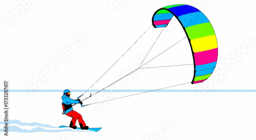 Dynamic kitesurfer glides across snowy landscape powered by vibrant colorful kite, embracing thrilling winter adventure and extreme sports