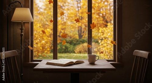 Cozy autumn reading nook with falling leaves