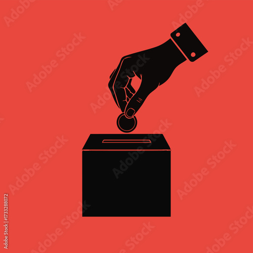 A silhouette hand places a coin into a donation box against a vibrant red background, symbolizing charity and giving.