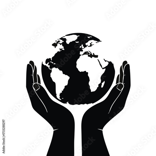 A simple silhouette of open hands cradling the Earth, symbolizing global care, environmental protection, and worldwide unity against a clean white backdrop.
