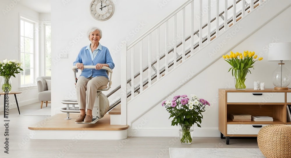 Fototapeta premium Smiling senior woman using modern stair lift in bright home interior, symbolizing elderly independence, accessibility, mobility support, and safe living solutions