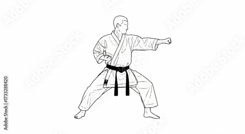 Dynamic martial artist executes powerful punch in traditional karate stance, conveying discipline and strength.