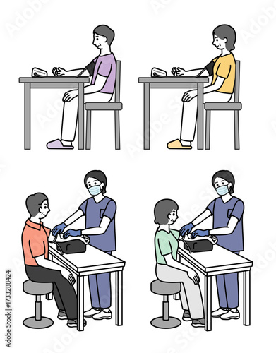 Vector set of illustrations of people undergoing tests and medical workers. 検査を受ける人と医療従事者　血圧　血液検査