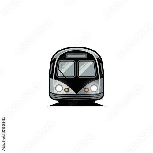 Front view subway train, minimal carriage face, headlights glowing, public transport symbol, city metro branding, vector artwork