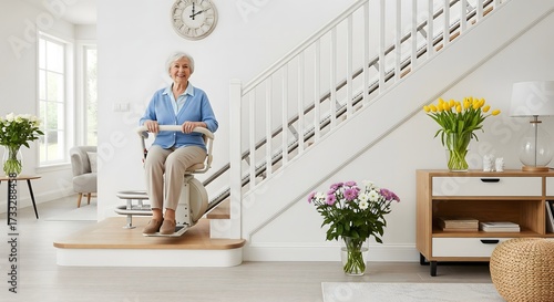 Smiling senior woman using modern stair lift in bright home interior, symbolizing elderly independence, accessibility, mobility support, and safe living solutions