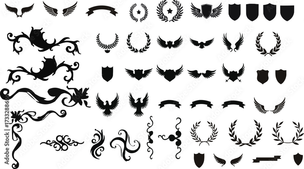 Fototapeta premium Ornamental Flourishes Laurel Wreaths Shields Wings and Banner Vector Set