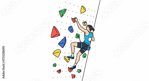 Determined athlete skillfully ascends a vibrant indoor climbing wall, reaching for the next colorful hold, showcasing strength and focus.