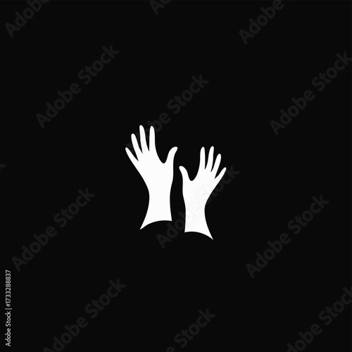 A minimalist graphic featuring two white hands reaching upwards against a stark black background, symbolizing help or assistance.